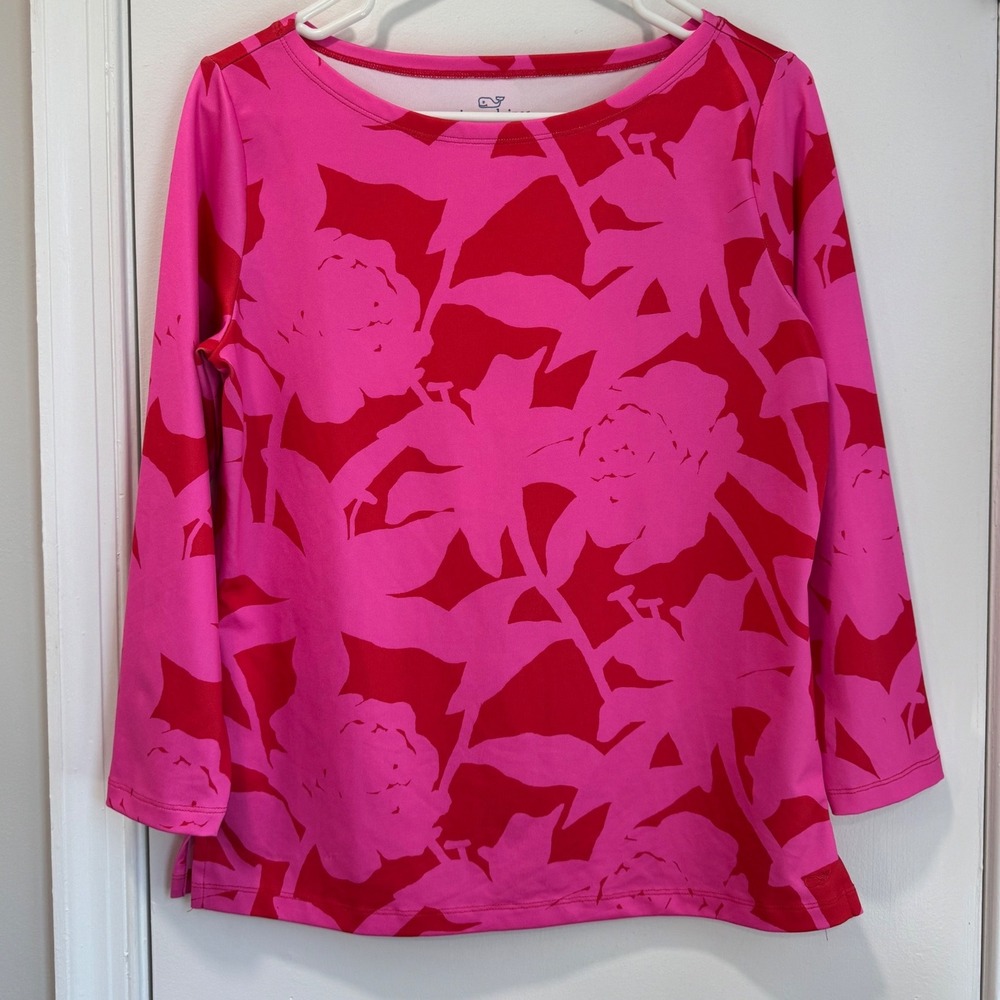 Vineyard Vines Womens Pink Red Floral Print Boat Neck Long Sleeve Top Small
